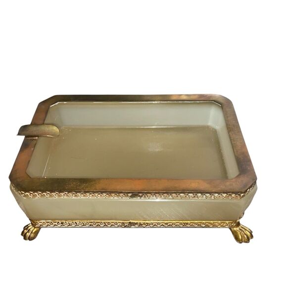 vaseline glass ashtray products for sale | eBay Antique Uranium Vaseline Glass Ashtray Art Deco Brass Ormolu Footed Tray UV Glow